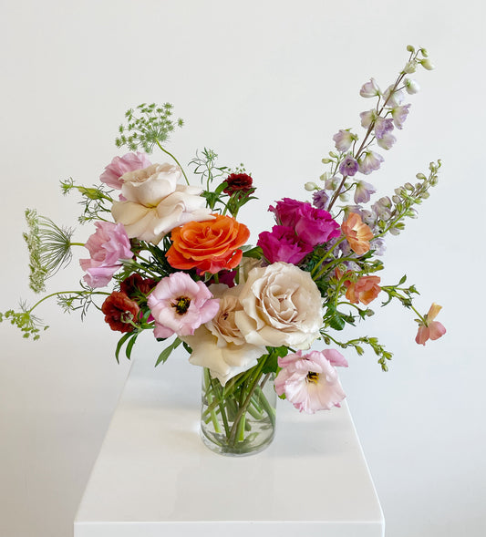 Enjoy weekly, bi-weekly, or monthly flower arrangements with our special pricing offered with our flower subscriptions. Our flower arrangements are designer's choice and feature the season's most beautiful offerings. Our designs change daily and feature our signature wild style with lots of dimension and texture with fresh seasonal greens. Vases may vary.